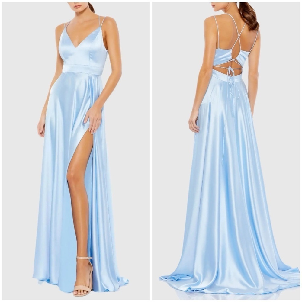 NWT Ieena Mac Duggal 55278 Blue Satin Strappy Back High Slit Gown Sz 8